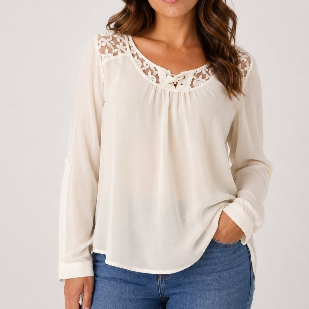 Mine‎ Medium Ivory Lace Yoke Lace-Up Chiffon Blouse Boho Romantic Cottagecore